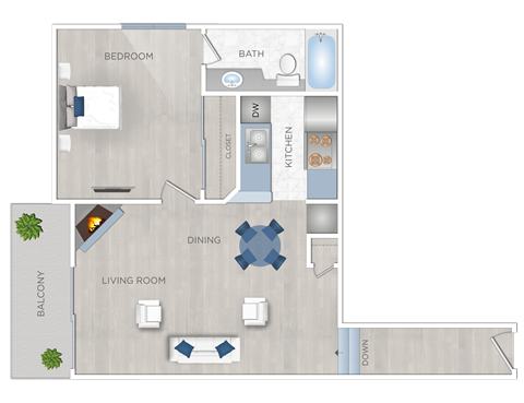 Floor plan for 1 bed, 1 bath, 676 sqft